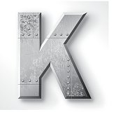 Distressed Metal letter "K". Elements are layered and labeled. Rivets, seams and textures are on separate layers and can be hidden if you prefer a clean, shiny brushed metal look. Download includes an XXXL JPEG version (16 in. x 16 in. at 300 dpi).