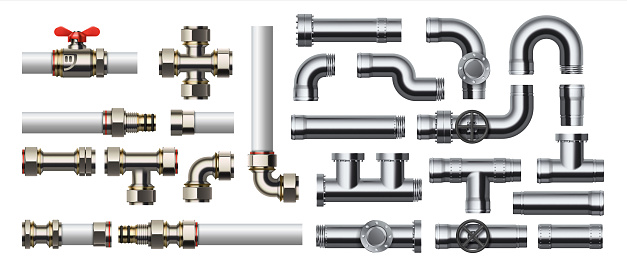 Metal pipeline. Realistic industrial conduit with connections and valves. 3D stainless steel or plastic tubes for water and gas. Pipe construction kit. Vector engineering plumbing system