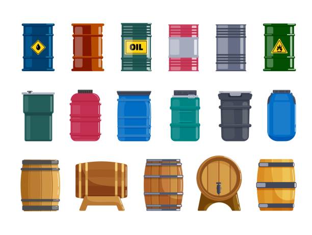 Metal, plastic and wooden barrel set isolated on white vector art illustration