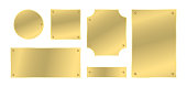 Metal plates with rivets set. Golden colored badges. Vector design elements
