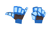 Metal Robot Blue Hand Showing Various Gesture Vector Set. Mechanical Palm Demonstrating Shaka Sign and Clenched Fist as Artificial Intelligence Gesturing Concept