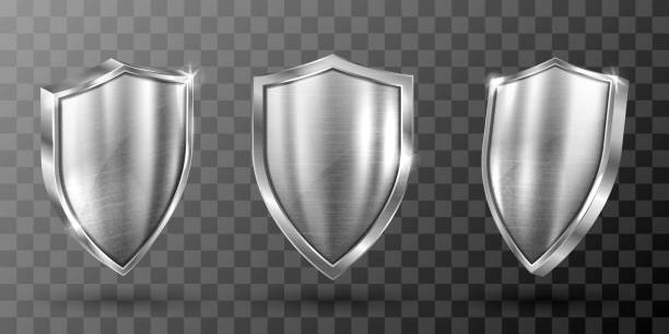 Metal shield with steel frame realistic Metal shield with frame realistic vector illustration. Blank silver steel metallic panel with reflection glow, award trophy or certificate template, front side view isolated on transparent background shield stock illustrations