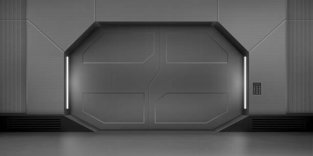 металлические раздвижные двери в космическом корабле - космический корабль stock illustrations