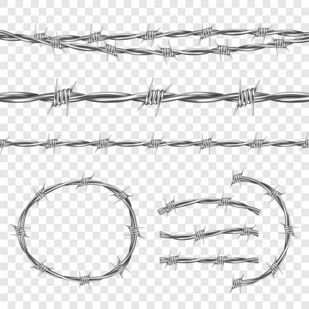 Metal steel barbed wire with thorns or spikes Metal steel barbed wire with thorns or spikes realistic seamless vector illustration isolated on transparent background. Fencing or barrier element for danger industrial facilities or prisons barbed wire stock illustrations
