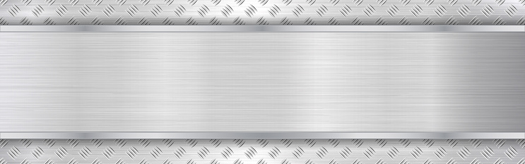 Metal texture wide. Silver polished backdrop. Glossy steel with bright frame. Titanium plate with light effect. Gray iron material with border. Shiny metal design. Vector illustration