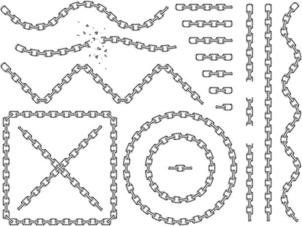 Metal vector chains isolated. Chrome chain icons and brushes set Metal vector chains isolated. Chrome chain icons and brushes set. Chain broken link, strong line connection chain illustration metal clipart stock illustrations