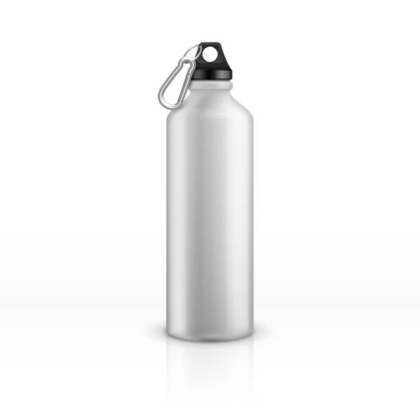Metal water bottle. White realistic reusable drink flask. Fitness sports stainless thermos. Closeup vector isolated mockup vector art illustration