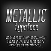 Metallic alphabet font. Beveled chrome letters, numbers and punctuation with shadow. Stock vector typeface for your typography design.