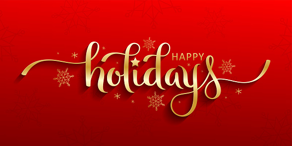 HAPPY HOLIDAYS! metallic gold vector brush calligraphy banner with swashes and snowflakes on red background