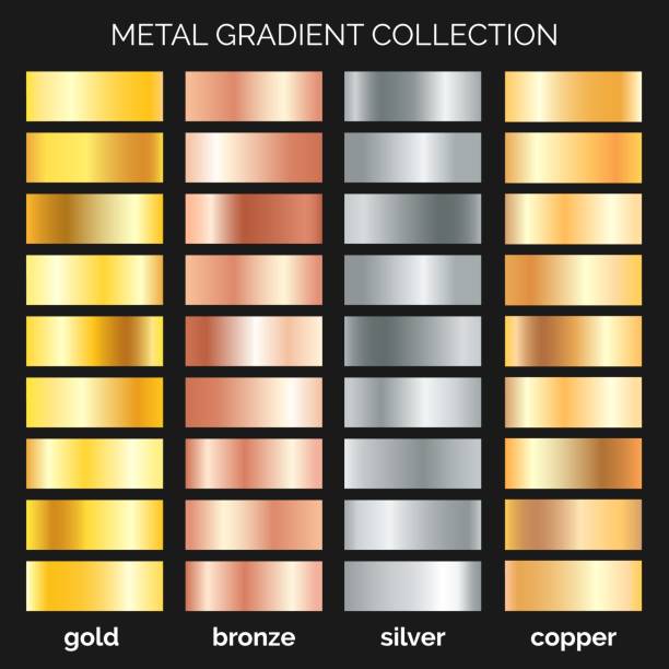 Metallic gradations set Metallic gradations. Argent and copper gradients, gold and bronze metals, silver texture, rose iron frame, polished metal or foil, vector illustration copper texture stock illustrations