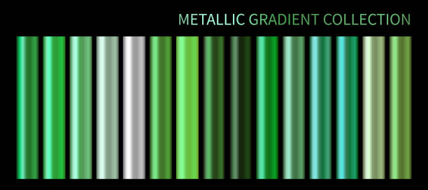メタリックネオングリーンクロムグラデーションベクトルカラフルなパレットセット。バナー、画面、モバイル、ラベル、ウェブのためのホログラフィック背景色スウォッチテンプレート。� - 緑色点のイラスト素材／クリップアート素材／マンガ素材／アイコン素材