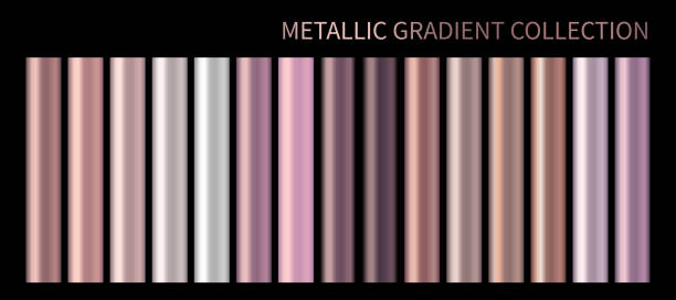 Metallic rose gold vector gradient, bronze, pastel peach pink colorful palette and texture set. Holographic foil pink background swatch template for banner, screen mobile. Chrome color gradient vector  pink pearl stock illustrations