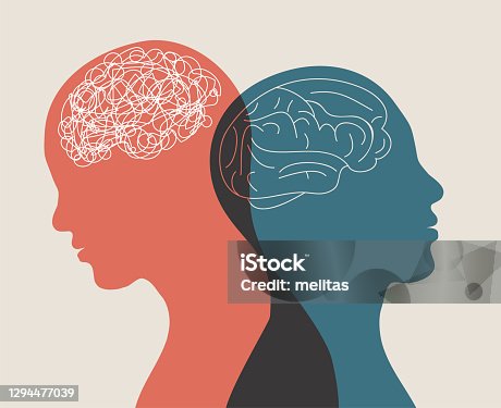 istock Metaphor bipolar disorder mind mental. Double face. Split personality. Concept mood disorder. 2 Head silhouette.Psychology. Mental health. Dual personality concept. Tangle and untangle 1294477039