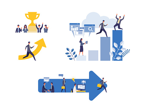 Metaphor of business process, accomplish, strategy. Flat design vector illustration of business people.