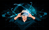 istock Metaverse digital cyber virtual world concept, Man holding virtual reality glasses on futuristic interface 3d world hologram, vector illustration. 1357428100