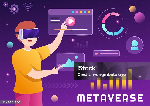 istock Metaverse Digital Virtual Reality Technology wears VR Glasses for Future Innovation and Communication in Hand Drawn Flat Cartoon Illustration 1428571672