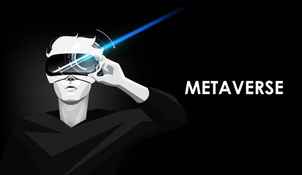 metaverse futuristische cyberwelt-technologie, mann mit virtual-reality-brille, vektorillustration - metaverse stock-grafiken, -clipart, -cartoons und -symbole