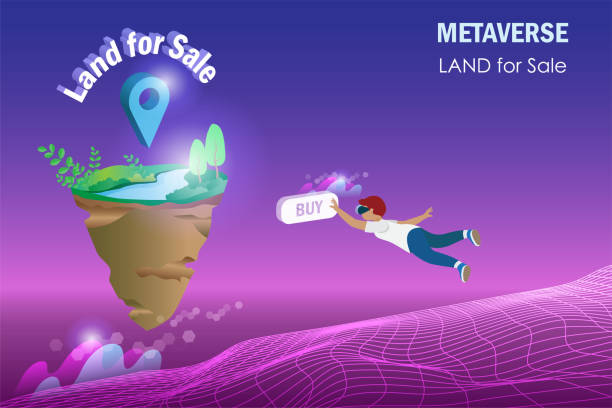metaverse land for sale, digital real estate and property investment technology. man buy virtual reality land for sale in cyber space futuristic environment background. - metaverse stock illustrations
