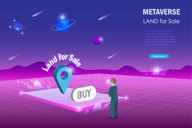메타버스 토지 판매, 디지털 부동산 및 부동산 투자 기술. 남자는 메타 버스 사이버 공간 미래 환경 배경에서 판매를위한 가상 현실 토지를 구입합니다. - metaverse stock illustrations