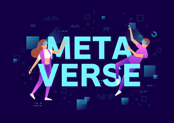 Metaverse or Virtual reality technology concept. Man and woman in digital glasses. Teenage gamer wearing VR headset playing game. Metaverse or Virtual reality technology concept. Man and woman in digital glasses. Teenage gamer wearing VR headset playing game. metaverse stock illustrations