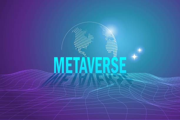 메타버스, 가상 현실, 증강 현실 및 블록 체인 기술, 사용자 인터페이스 3d 경험. 미래지향적 환경 배경에서 단어 메타버스와 세계지도 지구. - metaverse stock illustrations