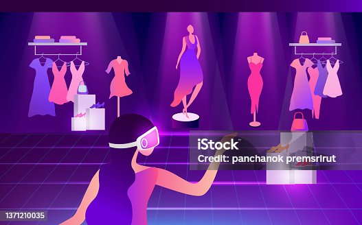 istock Metaverse Virtual Reality shopping. woman wearing VR goggle having 3d experience in shopping in the metaverse vector illustration 1371210035