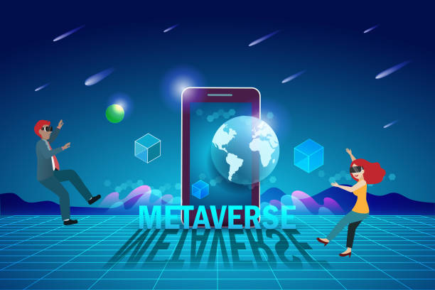 metaverse, technologia wirtualnej rzeczywistości, interfejs użytkownika 3d ze smartfonem i urządzeniami cyfrowymi. mężczyzna i kobieta ze szkłem zestawu słuchawkowego vr online łączący się z wirtualną przestrzenią i wszechświatem. - metaverse stock illustrations