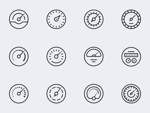 Meter icon set in thin line style. Symbols of speedometers, manometers, tachometers etc. Meter icon set in thin line style. Symbols of speedometers, manometers, tachometers etc. dial stock illustrations