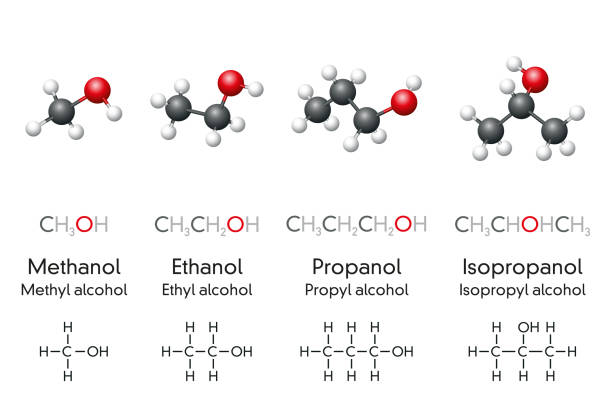 Methanol, ethanol, propanol and isopropanol, molecular models and chemical formulas Methanol, ethanol, propanol and isopropanol, molecular models and chemical formulas of alcohol compounds. Chemicals, used as fuel, antiseptic, disinfectant or cleaning agent. Illustration. Vector. chemical formula stock illustrations