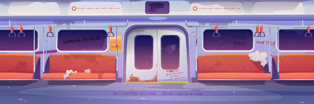 Metro in getto, empty subway tube wagon interior with graffiti,...