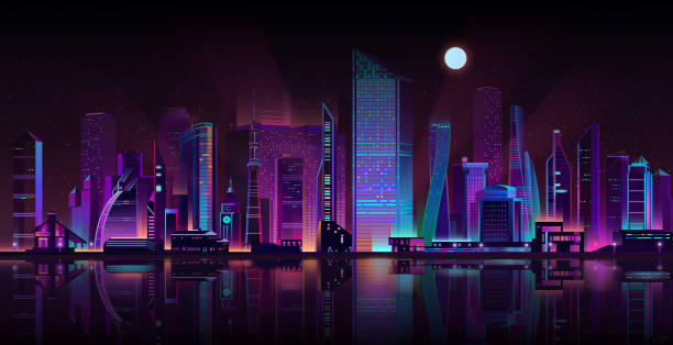 メトロポリス夜景ネオン漫画ベクトル - 未来都市点のイラスト素材／クリップアート素材／マンガ素材／アイコン素材