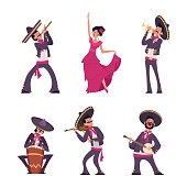 istock Mexican characters. Traditional authentic hispanic mexican person male and female national clothes sombreros charros exact vector cartoon people 1318613557