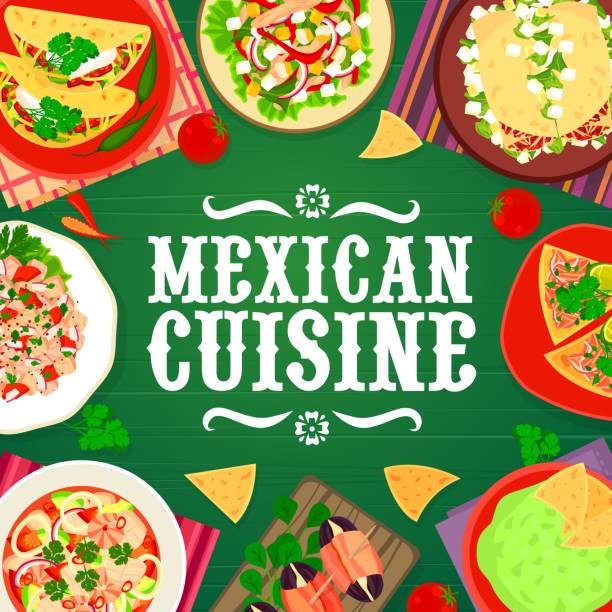mexikanische küche restaurant mahlzeiten menü vektor abdecken - tisch holzteller gedeckt stock-grafiken, -clipart, -cartoons und -symbole