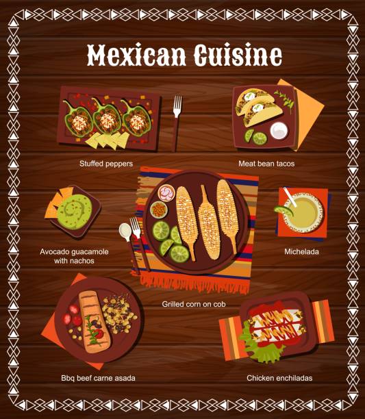 mexikanische küche restaurant menü - tisch holzteller gedeckt stock-grafiken, -clipart, -cartoons und -symbole