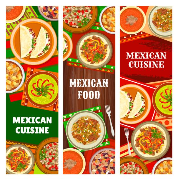 mexikanische küche traditionelle gerichte, banner - tisch holzteller gedeckt stock-grafiken, -clipart, -cartoons und -symbole