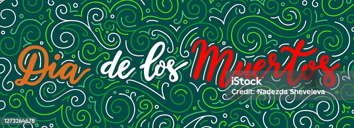 istock Mexican Day of The Dead lettering text inscription on the dark background. Black banner with red, green, white words. 1273264678