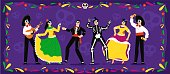 Mexican day of the dead. Skeletons party celebration tradition in floral frame. Mexican people wearing spooky traditional costumes dancing, playing music and celebrating day of the dead holiday