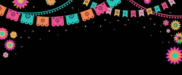 ilustrações, clipart, desenhos animados e ícones de bandeira mexicana da festa e projeto do poster com bandeiras, flores, decorações - carnaval