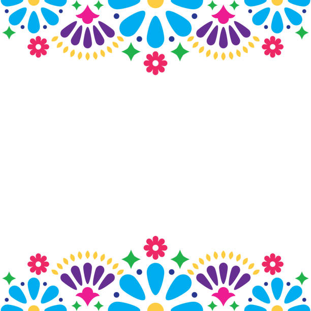멕시코 민속 벡터 웨딩 이나 파티 초대장, 꽃 행복 인사 카드, 꽃과 추상적인 모양 화려한 디자인 - 전통 stock illustrations
