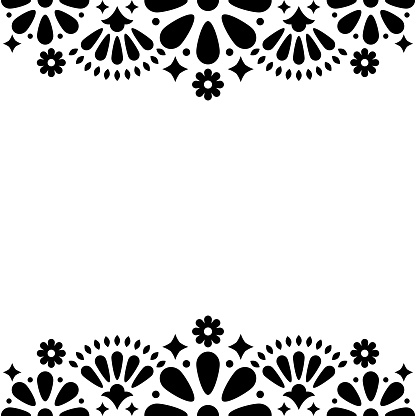 Mexican folk vector wedding or party invitation, floral happy greeting card, black and white frame design with flowers and abstract shapes