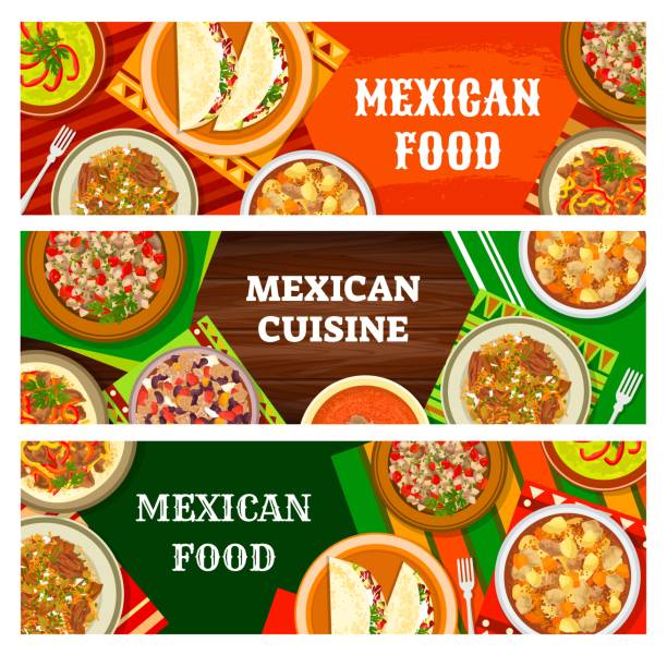 mexikanische speisekarte, mexikanische küche mahlzeiten banner - tisch holzteller gedeckt stock-grafiken, -clipart, -cartoons und -symbole