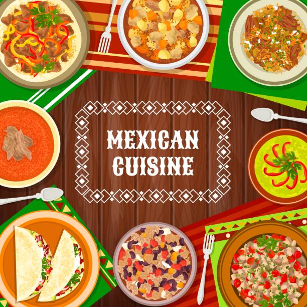mexikanische speisekarte, traditionelle küche - tisch holzteller gedeckt stock-grafiken, -clipart, -cartoons und -symbole