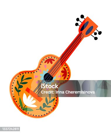 istock Mexican guitar with traditional flower ornament vector flat illustration wooden musical instrument 1337242811