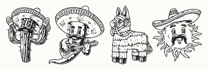 Mexico monochrome set with cactus shaking maracas, chili pepper playing guitar, sun with mustache wearing sombrero, pinata horse with bridle, vector illustration