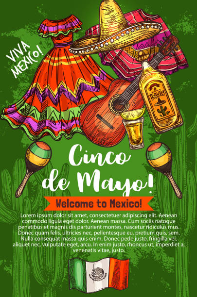 Mexican holiday, Cinco de Mayo, travel to Mexico Cinco de Mayo day, Mexican holiday, traditional celebration, travel to Mexico. Vector sombrero and poncho, guitar and tequila, maracas and flamenco dress. National flag, viva Mexico card in sketch style viva mexico stock illustrations