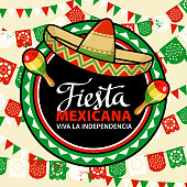 Celebrate Independence Day in Mexico with with sombrero and maracas on the colorful papel picado background on Septembre 16 for the fiesta