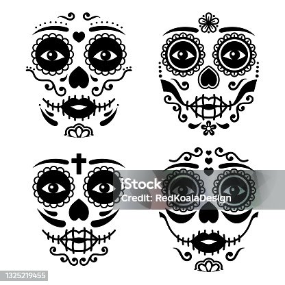 istock Mexican La Catrina face vector design, Dia de los Muertos or Day of the Dead female skull in black and white 1325219455