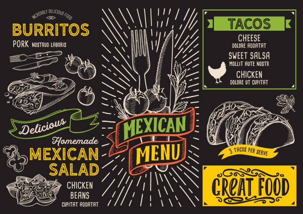 Mexican menu food template for restaurant with doodle hand-drawn graphic. Mexican menu template for restaurant on a blackboard background vector illustration brochure for food and drink cafe. Design layout with lettering and doodle hand-drawn graphic icons. breakfast drawings stock illustrations