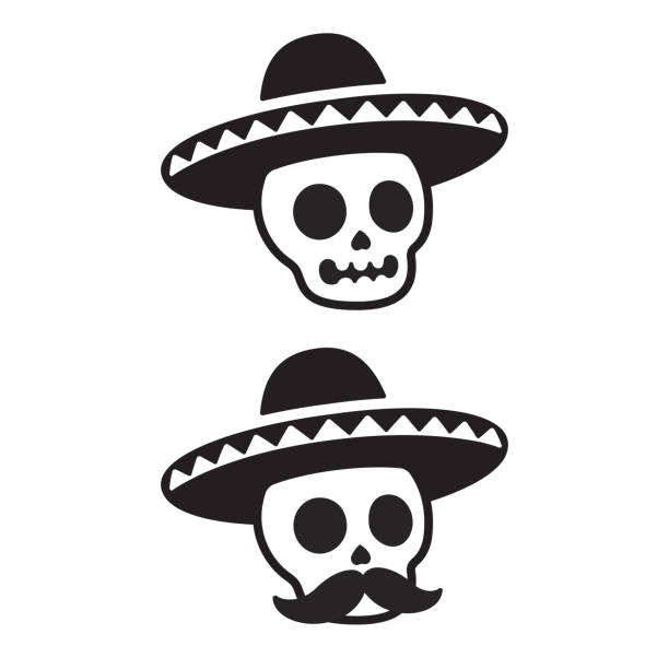 Mexican skull in sombrero Mexican skull in sombrero hat with mustache. Dia de los Muertos (Day of the Dead) vector illustration. Simple black and white cartoon icon or logo. skull logo stock illustrations