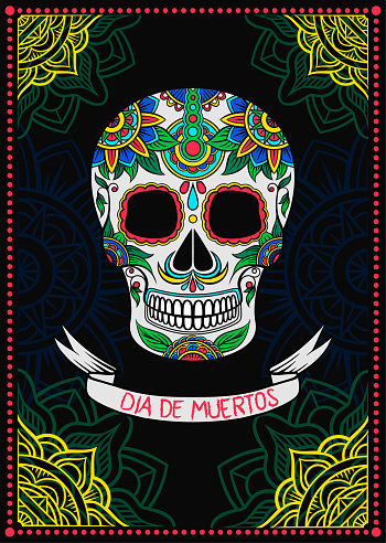 Mexican sugar skull with floral pattern, Dia de Muertos, design element for poster, greeting card vector Illustration